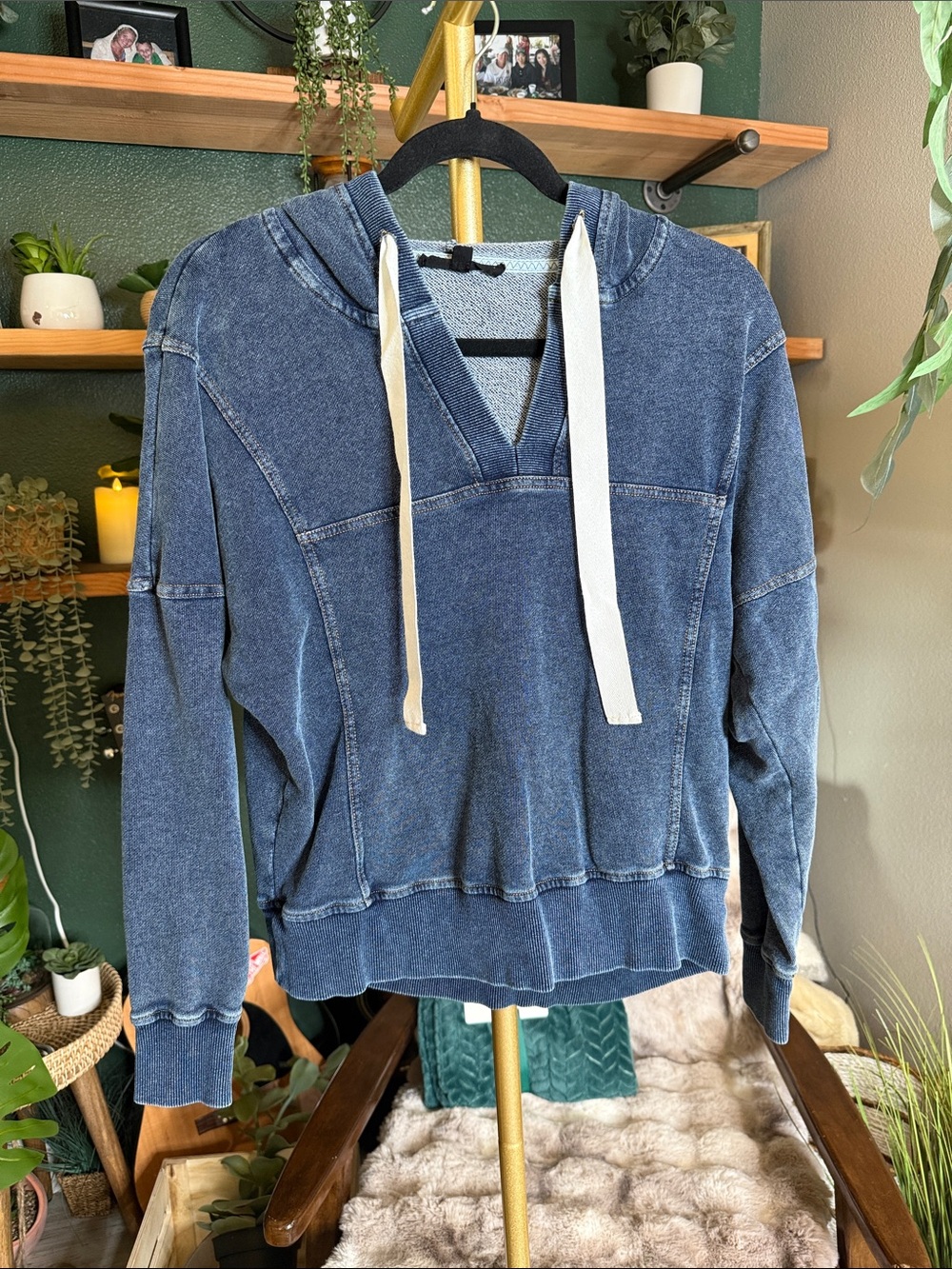 Jane and Delancey Washed Blue Hoodie with Cream Drawstrings